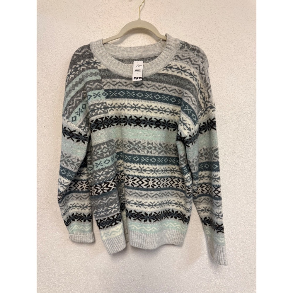 LOFT Women's Large Fair Isle Nordic Sweater Gray Blue Snowflake Pullover